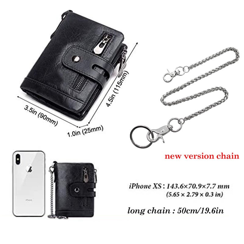 boshiho Real Leather RFID Blocking Bifold Wallets for Men Double Zipper Coin Pocket Purse with Anti-Theft Chain (Black-2) - Image 2